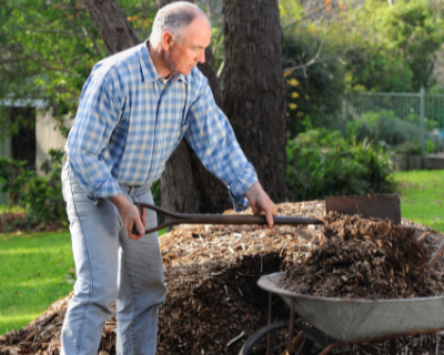 Landscaping-St-Catharines-Preparing-Your-Garden-For-Winter-man-shovelling-mulch-into-wheelbarrow